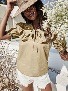 Solid Statement Collar Puff Sleeve Blouse - Khaki - View 4