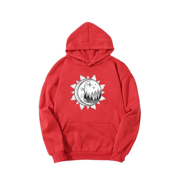 

Graphic Print Kangaroo Pocket Drawstring Hoodie, Red