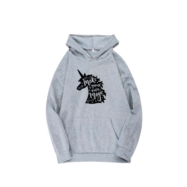 

Slogan & Unicorn Print Drawstring Hoodie, Grey