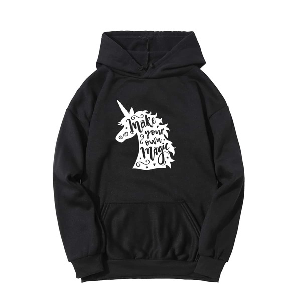 

Slogan & Unicorn Print Drawstring Hoodie, Black