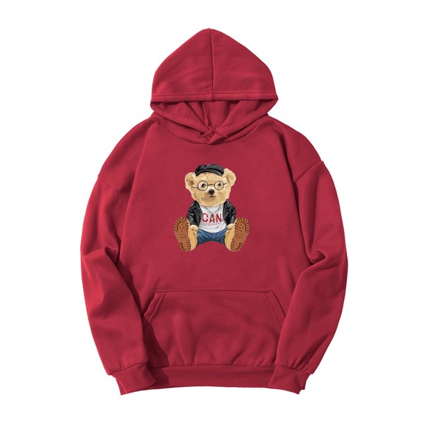 

Letter & Bear Print Drawstring Hoodie, Burgundy