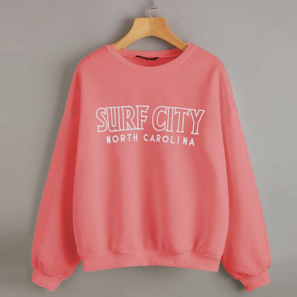 

Drop Shoulder Letter Embroidery Pullover, Pink