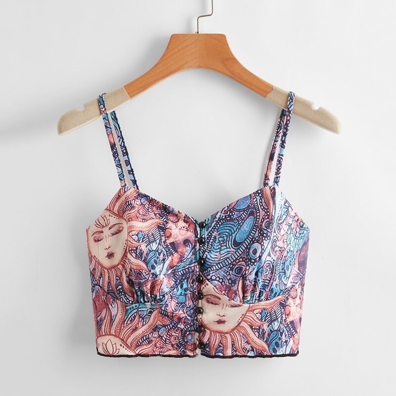 

Sun Graphic Button Front Crop Cami, Multicolor