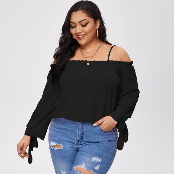 

Plus Frill Trim Knot Cuff Solid Blouse, Black