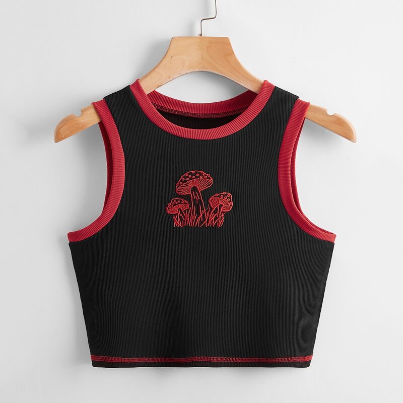 

Mushroom Embroidery Ringer Ribbed Tank Top, Black