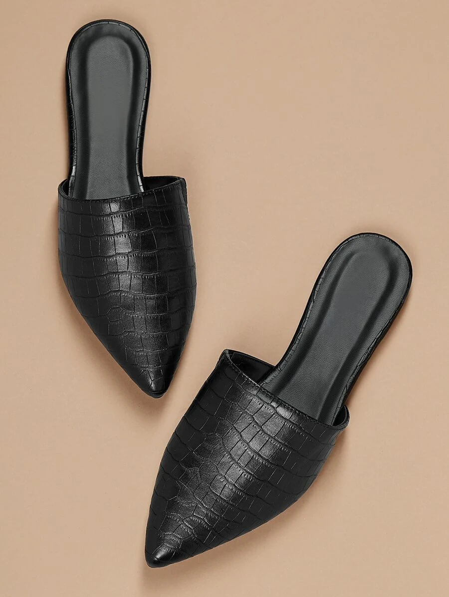 Crocodile Embossed Pointed Toe Flat Slide Mules