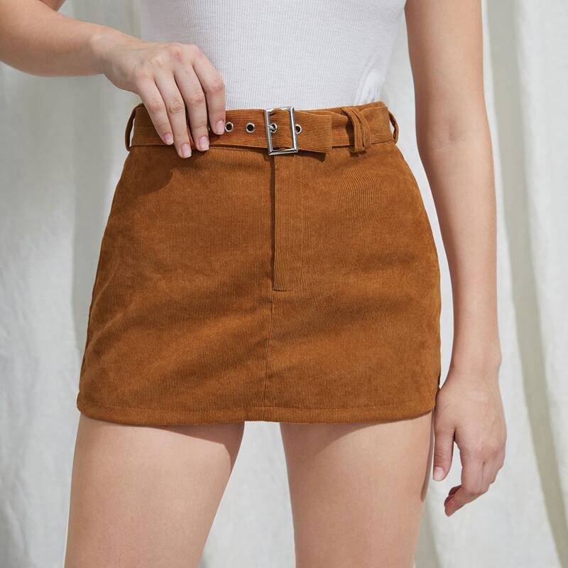 

Corduroy Belted Skirt, Brown