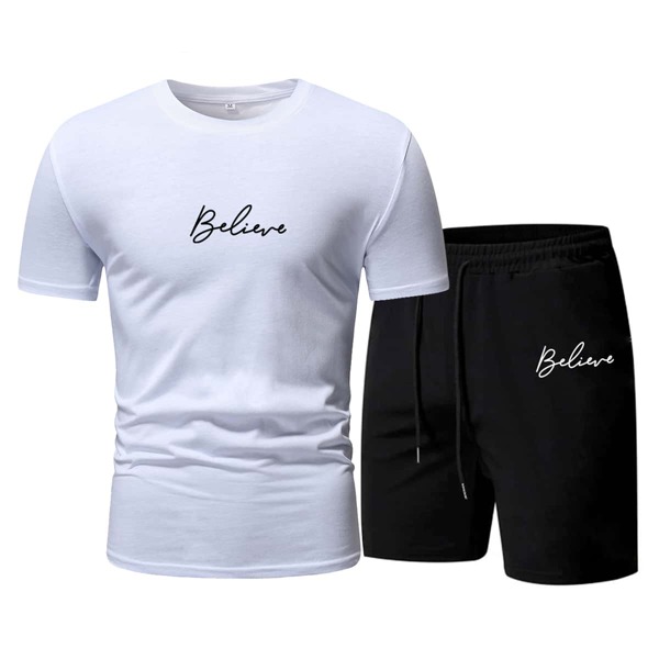 

Men Letter Graphic Tee With Shorts, Black and white