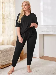 Plus Solid V-Neck Knot Detail PJ Set / Pajama Set - Black - View 1