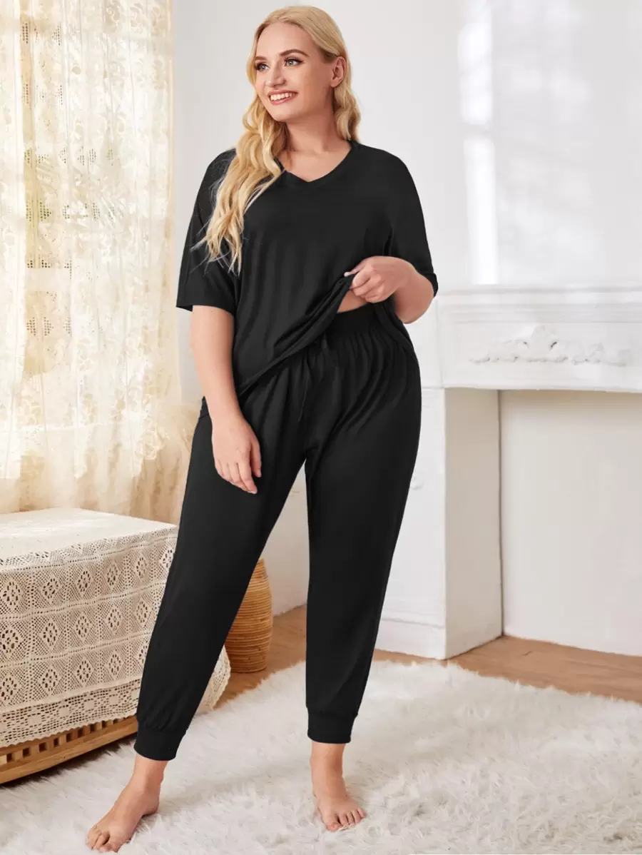 Plus Solid V-Neck Knot Detail PJ Set / Pajama Set - Black - View 1