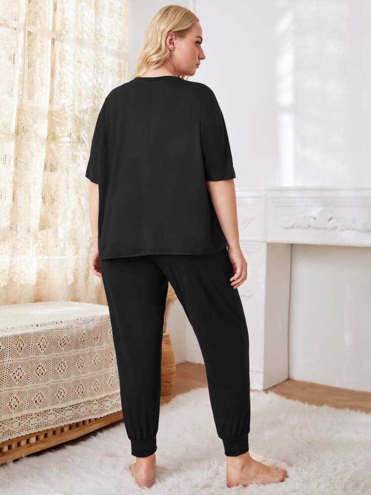 Conjunto de pijama de talla grande con cuello en V sólido y detalle de nudo - Negro - Añade 2