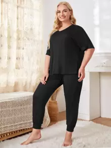 Plus Solid V-Neck Knot Detail PJ Set / Pajama Set - Black - View 4