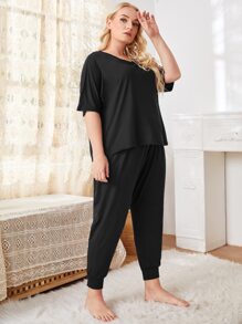 Plus Solid V-Neck Knot Detail PJ Set / Pajama Set - Black - View 5