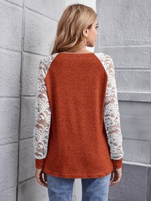 SHEIN LUNE 透明蕾絲插肩袖拼色T恤 - 亮橙色 - 查看 2