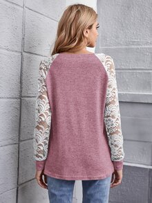 SHEIN LUNE Camiseta de color combinado de manga raglán con encaje transparente - Rosa vieja - Ver 2