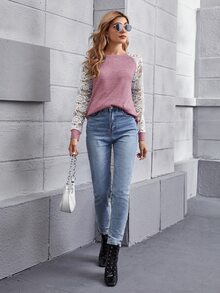 SHEIN LUNE Camiseta de color combinado de manga raglán con encaje transparente - Rosa vieja - Ver 3