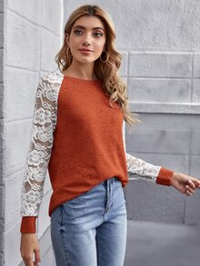 SHEIN LUNE 透明蕾絲插肩袖拼色T恤 - 亮橙色 - 查看 5