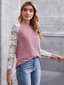 SHEIN LUNE Camiseta de color combinado de manga raglán con encaje transparente - Rosa vieja - Ver 5