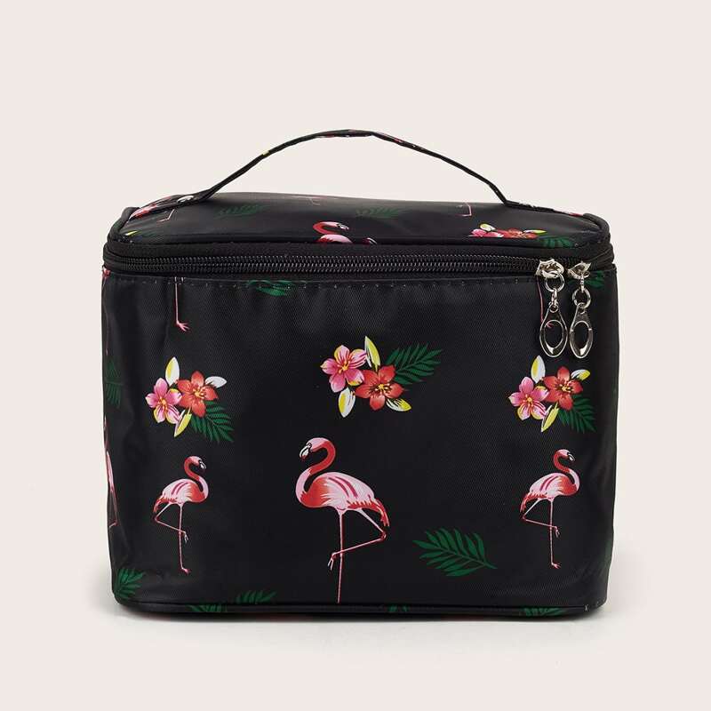 

Flamingo Pattern Square Makeup Bag, Black