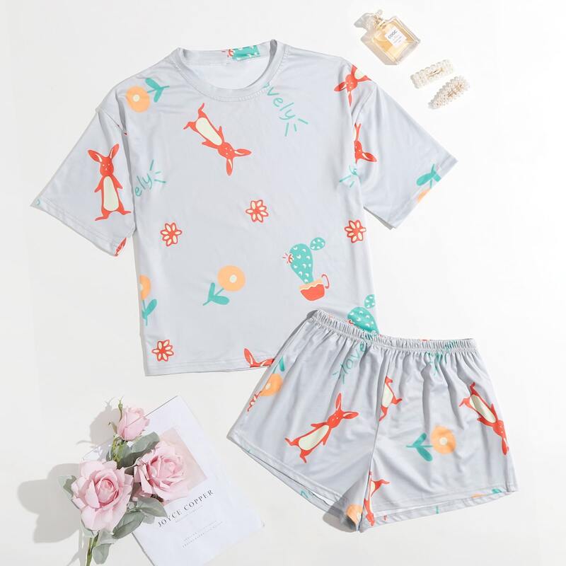 

Cactus & Rabbit Print PJ Set, Grey