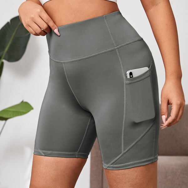 

Plus Solid Biker Shorts With Phone Pocket, Grey
