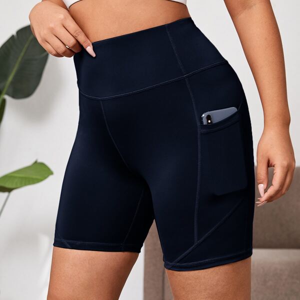 

Plus Solid Biker Shorts With Phone Pocket, Navy blue