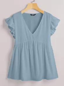 Camisa babydoll de manga farol de cuello V - Neblina azul - Ver 1