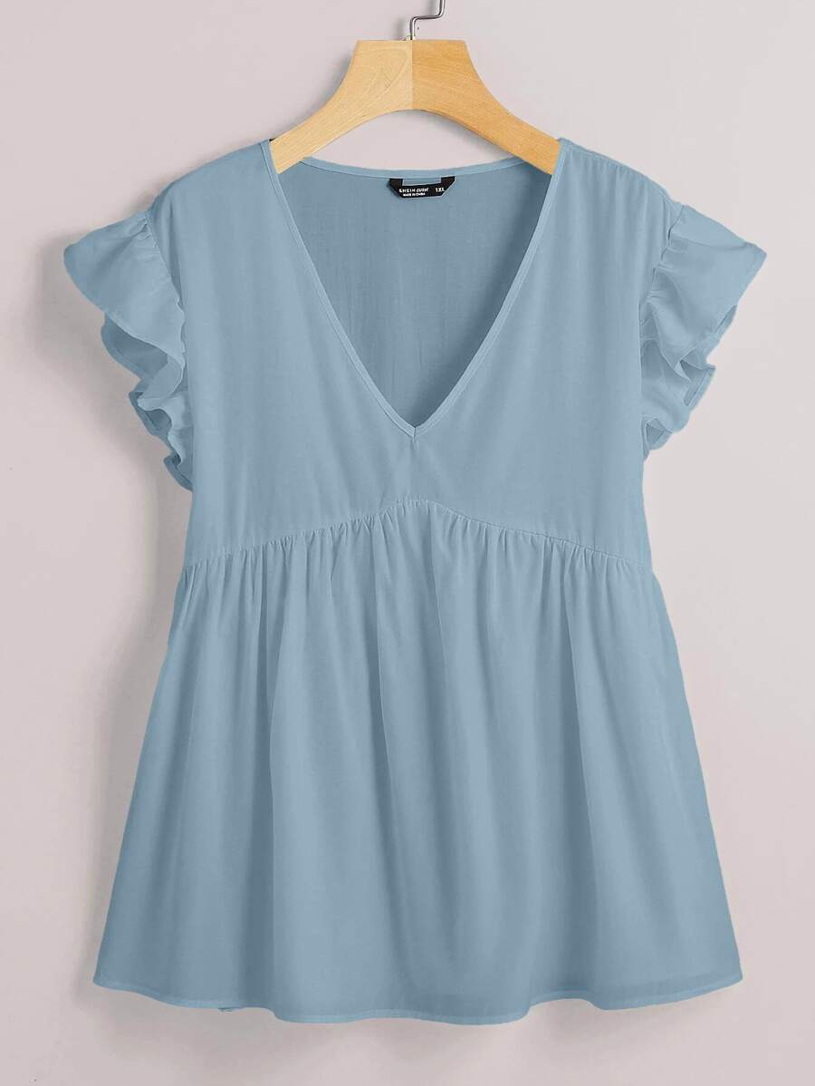 Camisa babydoll de manga farol de cuello V - Neblina azul - Ver 1