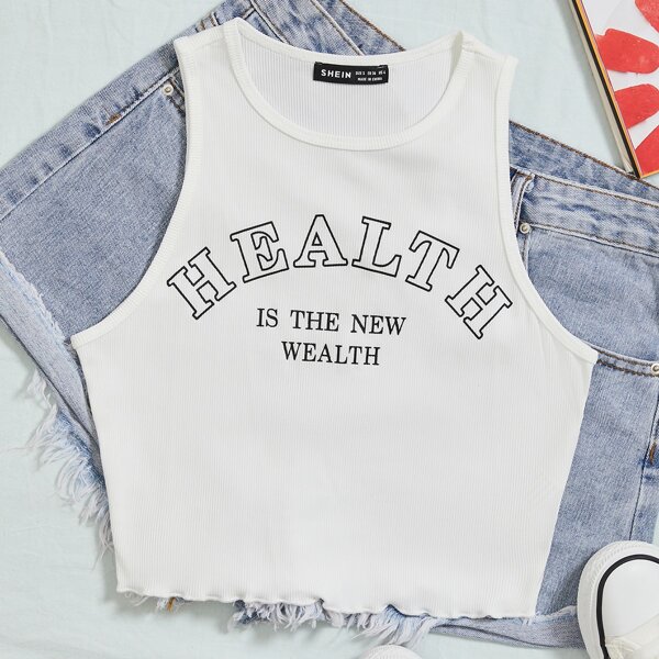 

Letter Graphic Lettuce Trim Rib Knit Tank Top, White