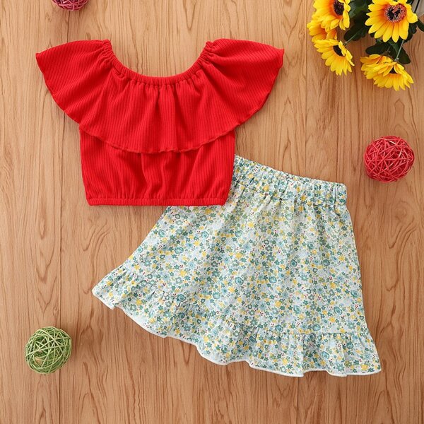 

Toddler Girls Flounce Trim Solid Top & Floral Ruffle Hem Skirt, Multicolor