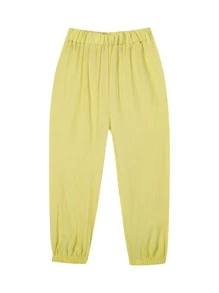 Girls Elastic Waist Solid Trousers - Yellow - View 1
