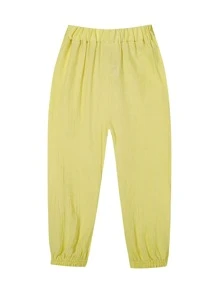 Girls Elastic Waist Solid Trousers - Yellow - View 2