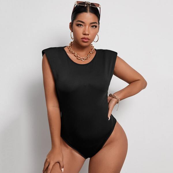 

Plus Solid Shoulder Pad Tank Bodysuit, Black