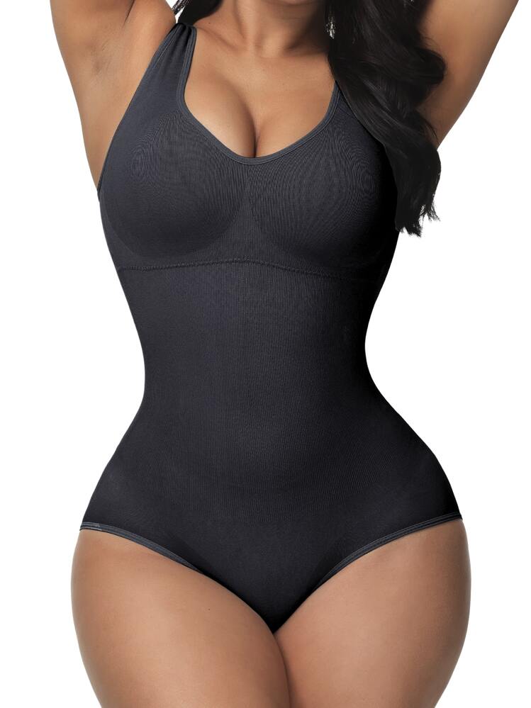 Women's Black High Stretch Casual Comfy Slimming Thong Bodysuit - Black - View 1