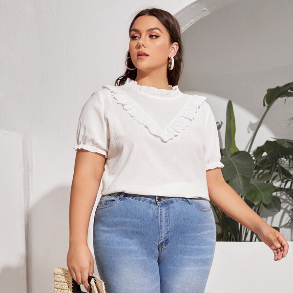 

Plus Stand Collar Schiffy Panel Blouse, White