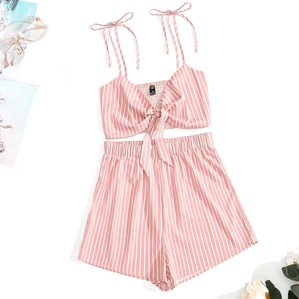 

Plus Striped print Tie Front Cami Top & Shorts, Pink