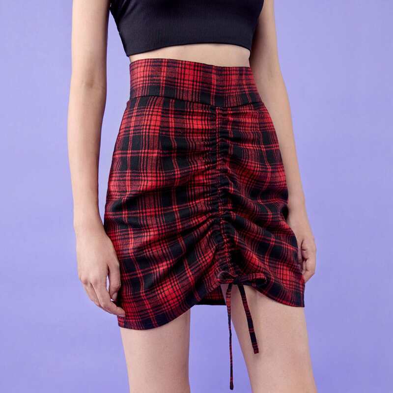 

Plaid Drawstring Ruched Skirt, Red
