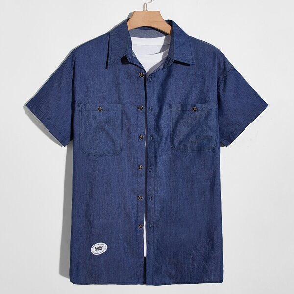 

Men Letter Patched Denim Shirt, Medium wash