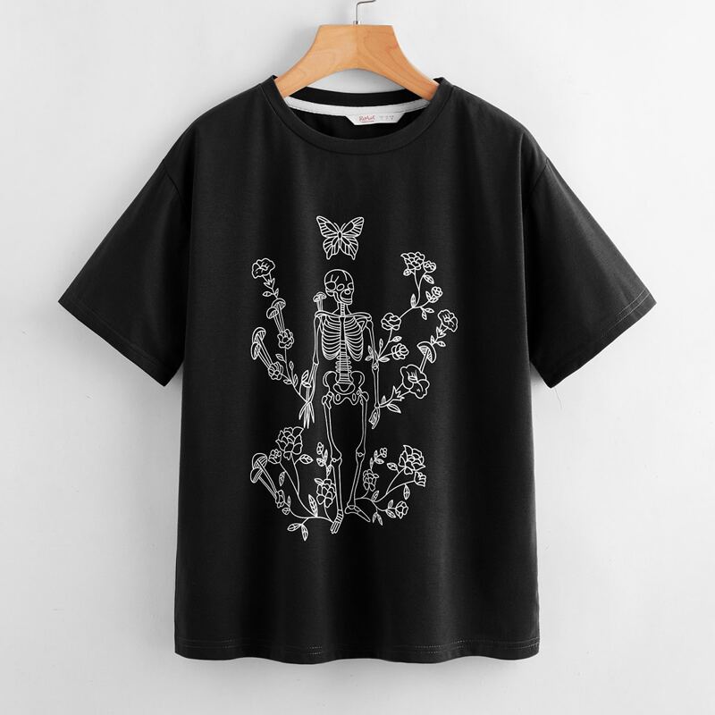 

Floral & Skull Graphic Tee, Black