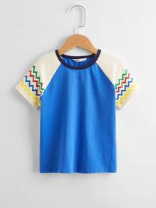 SHEIN 小男童鋸齒紋圖案T恤 - 藍色 - 查看 1