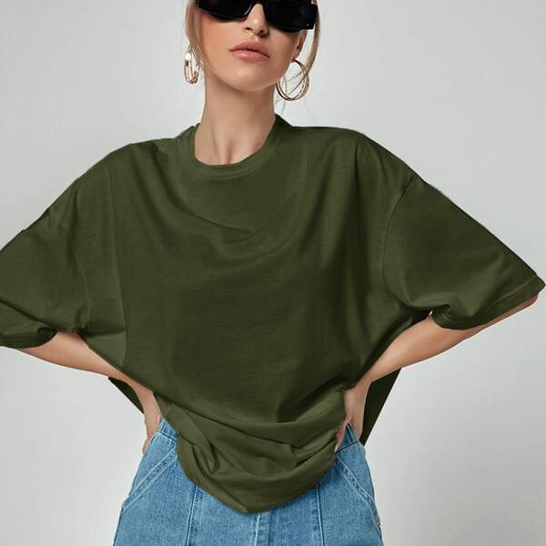 

Crew Neck Drop Shoulder Oversized Tee, Army green