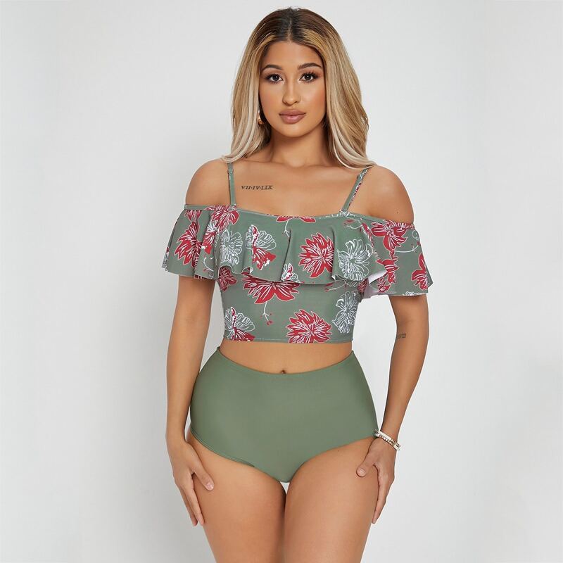

Tropical Print Ruffle Bikini Swimsuit, Army green