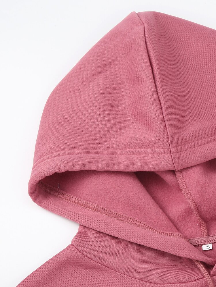 SHEIN EZwear Letter Graphic Thermal Lined Drawstring Hoodie - Dusty Pink - View 3