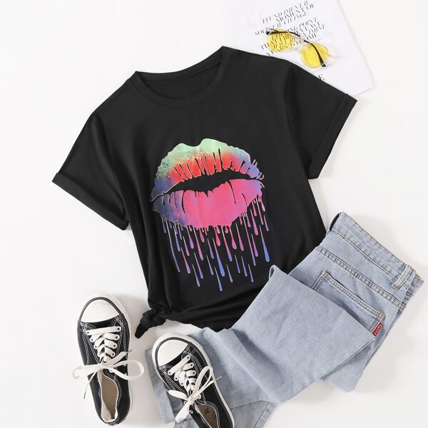 

Plus Paint Splatter Lip Print Tee, Black