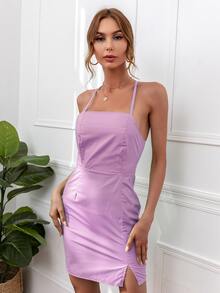 SHEIN Essnce 繫帶露背開衩下擺吊帶洋裝 - 紫丁香色 - 查看 4