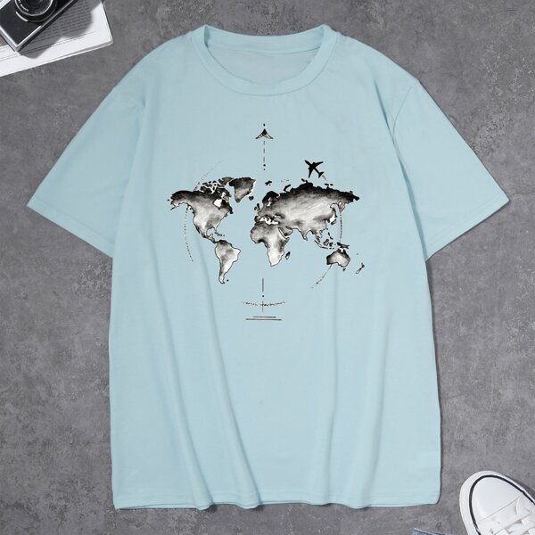 

Men Map Print Crew Neck Tee, Mint blue