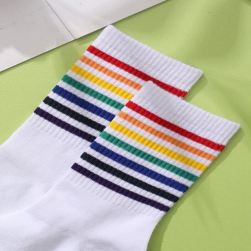 

1pair Rainbow Striped Crew Socks, Multicolor