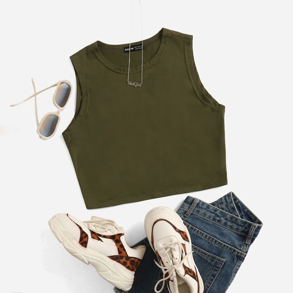 

Solid Crop Tank Top, Army green