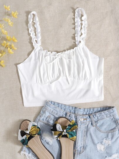 Plus Frill Trim Tie Front Ruched Bust Crop Top