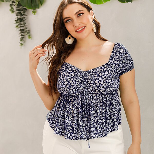 

Plus Ditsy Floral Drawstring Babydoll Blouse, Blue and white